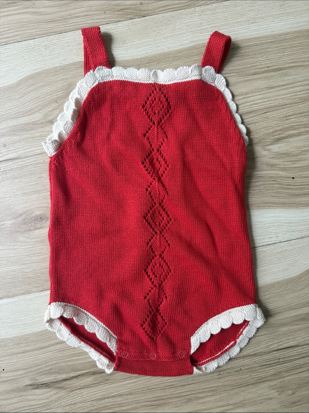 Kids Red Knit One-Piece Bodysuit with Cream Scallop Trim